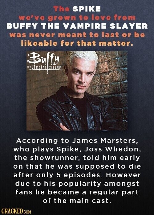 The SPIKE we've grown to love from BUFFY THE VAMPIRE SLAYER was never meant to last or be likeable for that matter. Bully the According to James Marsters, who plays Spike, Joss Whedon, the showrunner, told him early on that he was supposed to die after only 5 episodes. However due to his popularity amongst fans he became a regular part of the main cast. CRACKED.COM