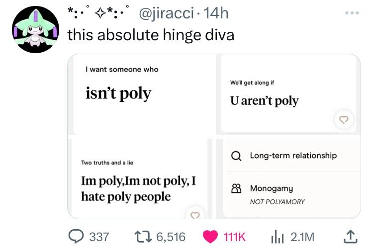 @jiracci 14h this absolute hinge diva I want someone who We'll get along if isn't poly U aren't poly Long-term relationship Two truths and a lie Im poly,Im not poly, I Monogamy hate poly people NOT POLYAMORY 337 6,516 111K 2.1M
