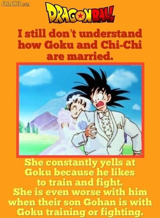 CRACKED.COM DRAGONBALL I still don't understand how Goku and Chi-Chi are married. She constantly yells at Goku because he likes to train and fight. She is even worse with him when their son Gohan is with Goku training or fighting.