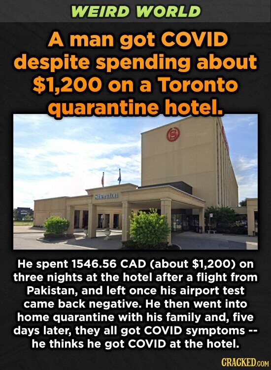 WEIRD WORLD A man got COVID despite spending about $1,200 on a Toronto quarantine hotel. hieralon He spent 1546.56 CAD (about $1,200) on three nights at the hotel after a flight from Pakistan, and left once his airport test came back negative. He then went into home quarantine with his