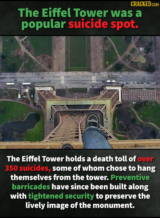 CRACKED.COM The Eiffel Tower was a popular suicide spot. The Eiffel Tower holds a death toll of over 350 suicides, some of whom chose to hang themselves from the tower. Preventive barricades have since been built along with tightened security to preserve the lively image of the monument.