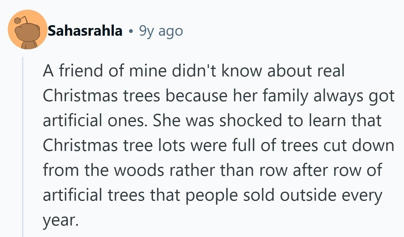 Sahasrahla 9y ago A friend of mine didn't know about real Christmas trees because her family always got artificial ones. She was shocked to learn that Christmas tree lots were full of trees cut down from the woods rather than row after row of artificial trees that people sold outside every year.