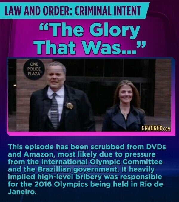 LAW AND ORDER: CRIMINAL INTENT The Glory That Was... ONE POLICE PLAZA CRACKED.COM This episode has been scrubbed from DVDS and Amazon, most likely due to pressure from the International Olympic Committee and the Brazillian government. It heavily implied high-level bribery was responsible for the 2016 Olympics being held in Rio de Janeiro.