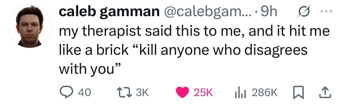 caleb gamman @calebgam... 9h my therapist said this to me, and it hit me like a brick kill anyone who disagrees with you 40 3K 25K 286K 