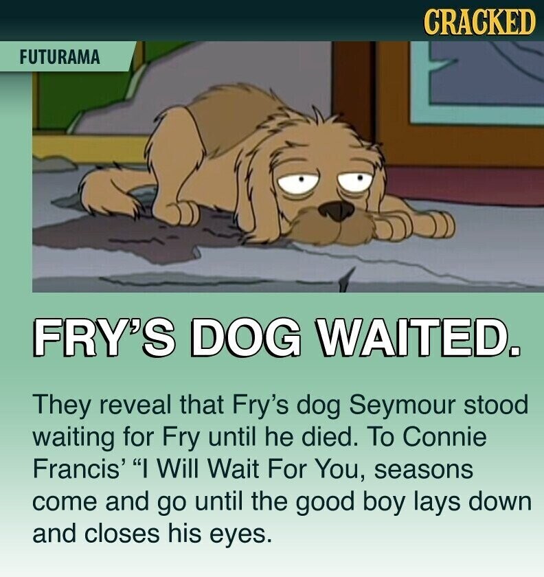 CRACKED FUTURAMA FRY'S DOG WAITED. They reveal that Fry's dog Seymour stood waiting for Fry until he died. To Connie Francis' I Will Wait For You, seasons come and go until the good boy lays down and closes his eyes.