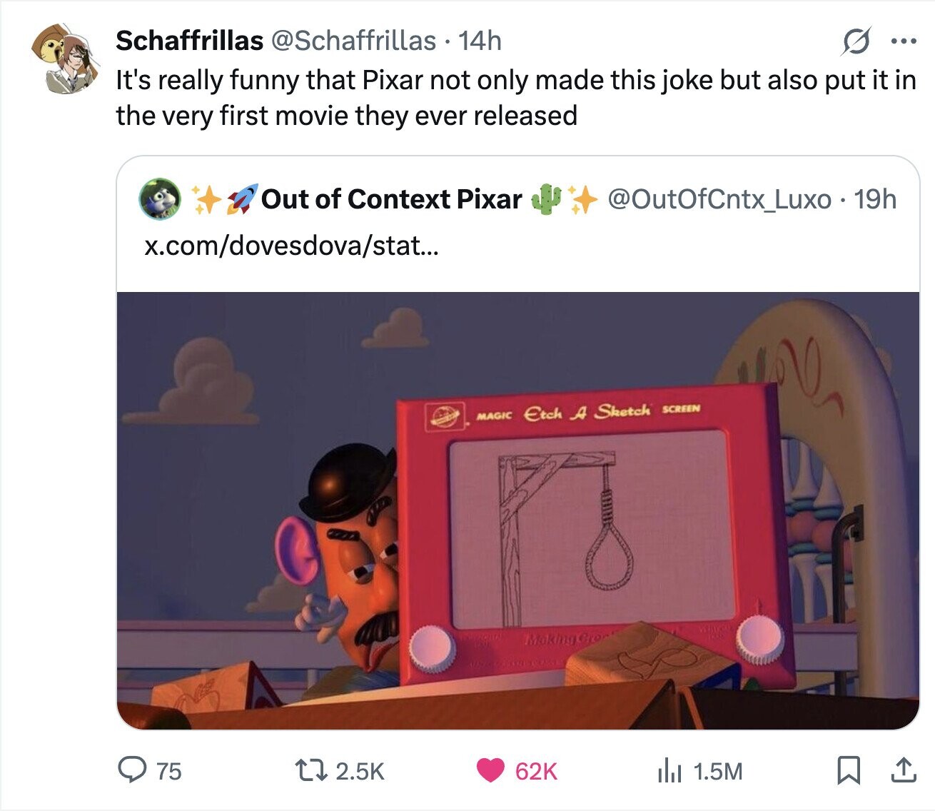 Schaffrillas @Schaffrillas 14h G ... It's really funny that Pixar not only made this joke but also put it in the very first movie they ever released Out of Context Pixar @OutOfCnbxLuxo - 19h x.com/dovesdova/stat... MAGIC Etch A Sketch SCREEN Making 75 2.5K 62K del 1.5M 