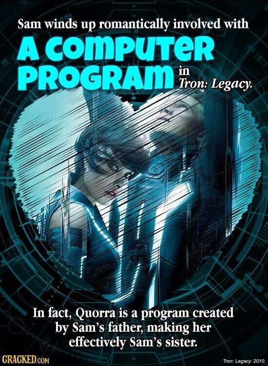 Sam winds up romantically involved with A COMPUTER PROGRAM in Tron: Legacy. In fact, Quorra is a program created by Sam's father, making her effectively Sam's sister. CRACKED.COM Tron: Legacy. 2010