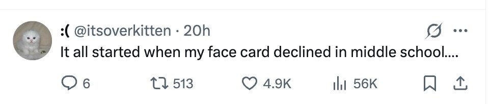 :( @itsoverkitten . 2 20h ... It all started when my face card declined in middle school.... 6 513 4.9K du 56K