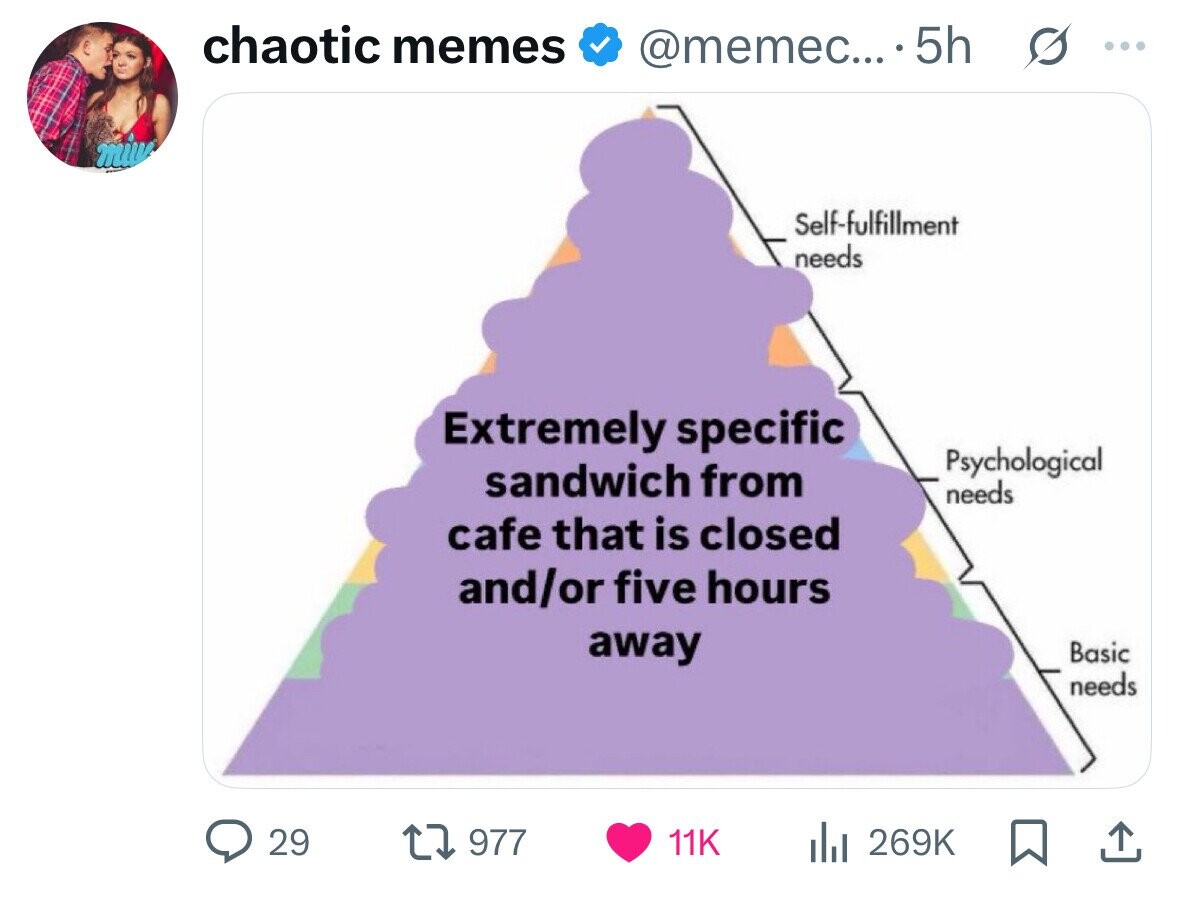 chaotic memes @memec... . 5h G ... Self-fulfillment needs Extremely specific Psychological sandwich from needs cafe that is closed and/or five hours away Basic needs 29 977 11K del 269K