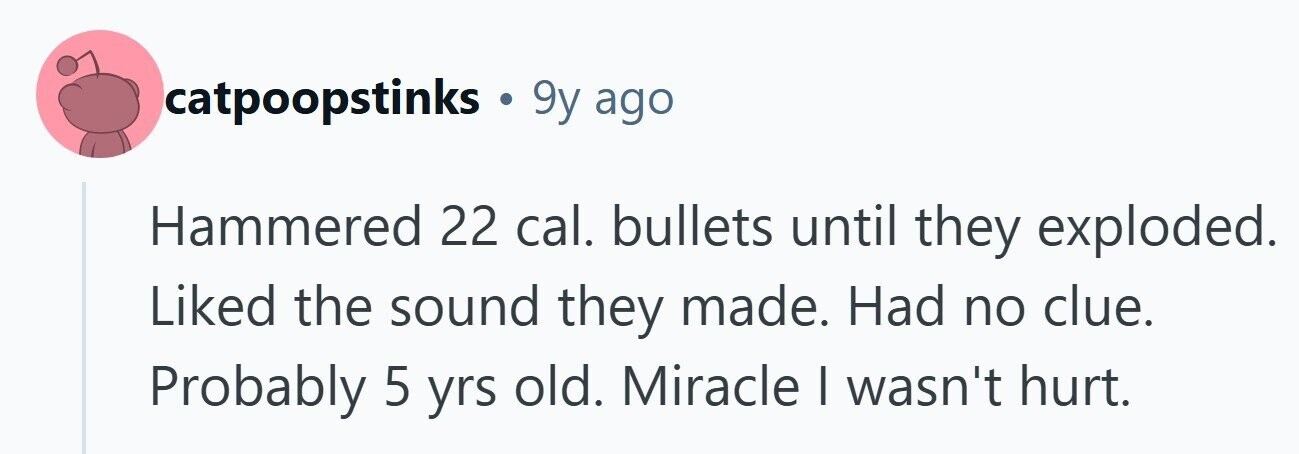 catpoopstinks . 9y ago Hammered 22 cal. bullets until they exploded. Liked the sound they made. Had no clue. Probably 5 yrs old. Miracle I wasn't hurt. 