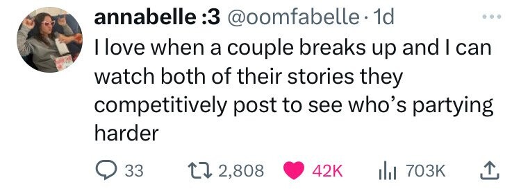 annabelle 3: @oomfabelle. 1d ... I love when a couple breaks up and I can watch both of their stories they competitively post to see who's partying harder 33 2,808 42K 703K