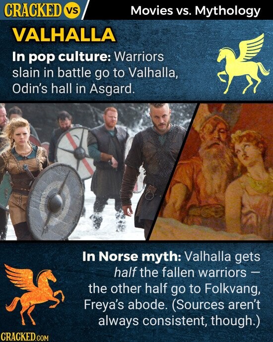 VALHALLA In pop culture: Warriors slain in battle go to Valhalla, Odin's hall in Asgard. In Norse myth: Valhalla gets half the fallen warriors - the other half go to Folkvang, Freya's abode. (Sources aren't always consistent, though.)