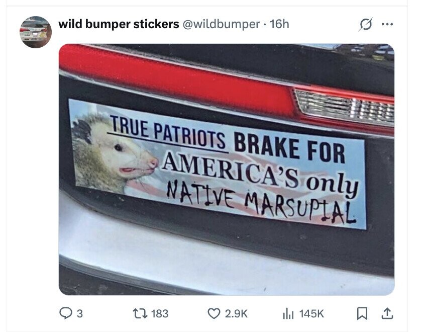 wild bumper stickers @wildbumper 16h ... TRUE PATRIOTS BRAKE FOR AMERICA'S only NATIVE MARSUPIAL 3 183 2.9K del 145K