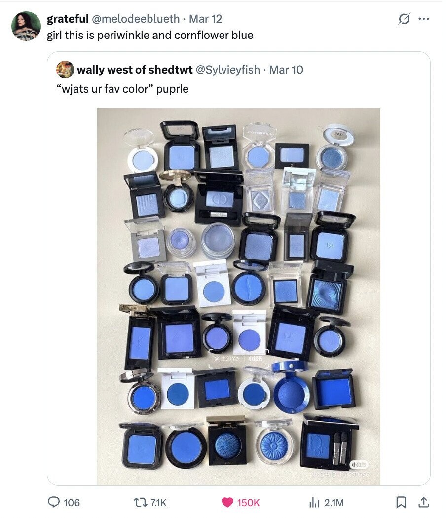 grateful @melodeeblueth - Mar 12 G ... girl this is periwinkle and cornflower blue wally west of shedtwt @Sylvieyfish h·Mar 10 wjats ur fav color puprle يذا o titYa adidas dure INSTITID 111290586 106 71K 150K del 2.1M