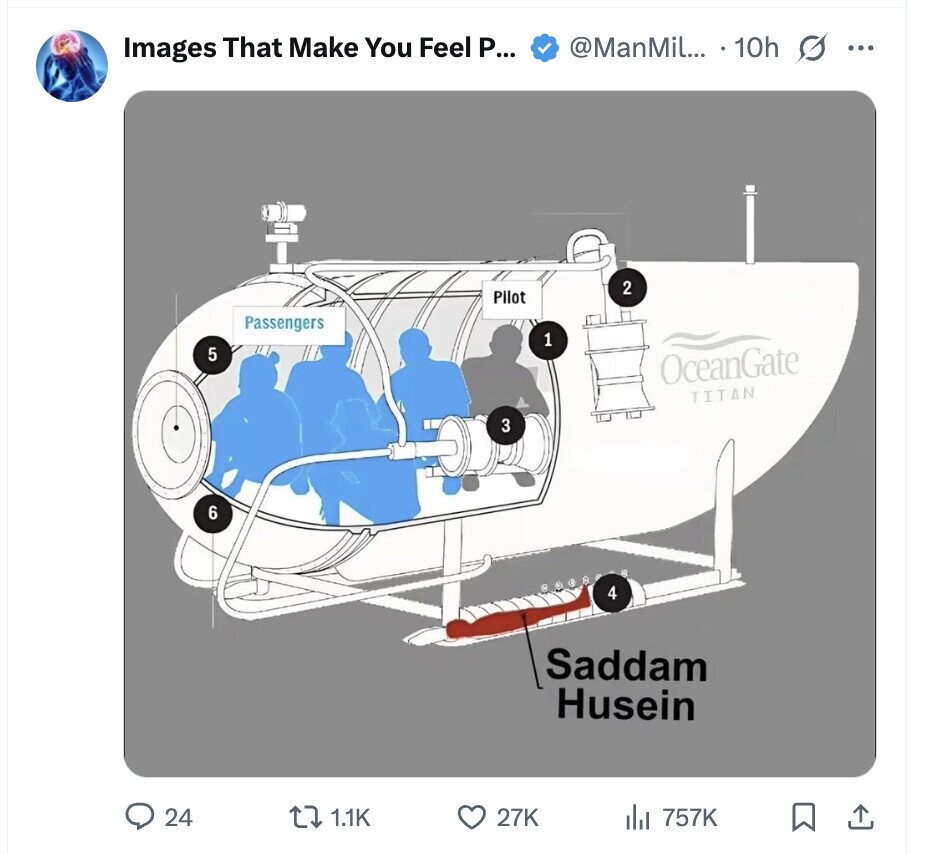 @ManMil... 10h O Images That Make You Feel P... ... 2 Pilot Passengers 1 5 OceanGate TITAN 3 6 4 Saddam Husein 24 1.1K 27K 757K
