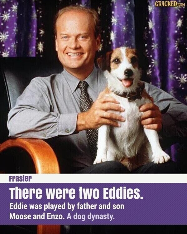 CRACKED.COM Frasier There were two Eddies. Eddie was played by father and son Moose and Enzo. A dog dynasty.
