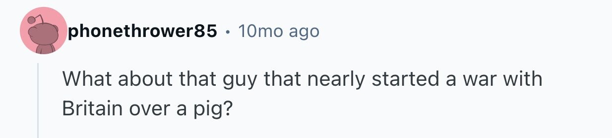 phonethrower85 10mo ago What about that guy that nearly started a war with Britain over a pig?