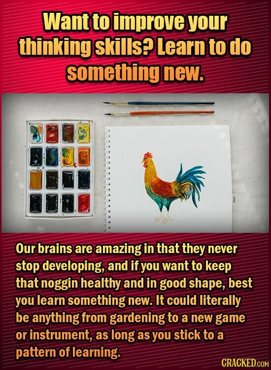 Want to improve your thinking skills? Learn to do something new. Our brains are amazing in that they never stop developing, and if you want to keep that noggin healthy and in good shape, best you learn something new. It could literally be anything from gardening to a new game