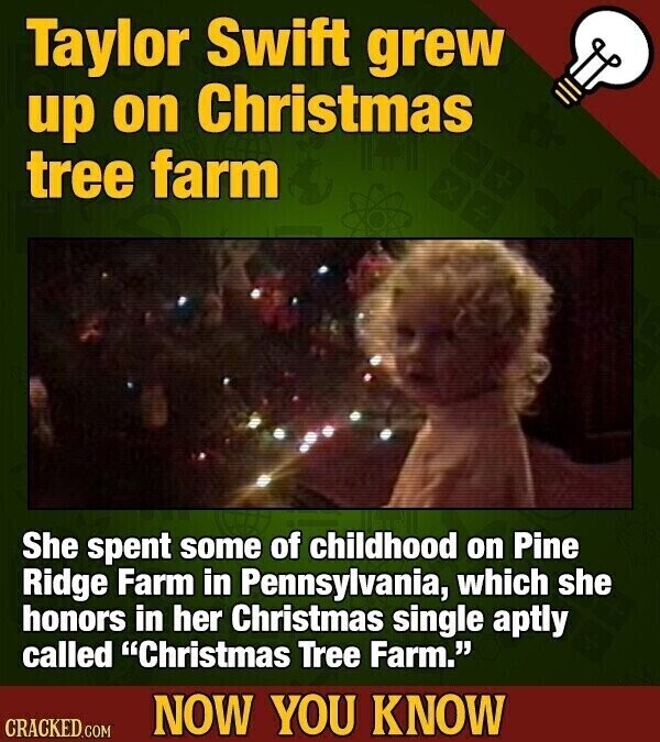 Taylor Swift grew up on Christmas tree farm She spent some of childhood on Pine Ridge Farm in Pennsylvania, which she honors in her Christmas single aptly called Christmas Tree Farm. NOW YOU KNOW CRACKED.COM