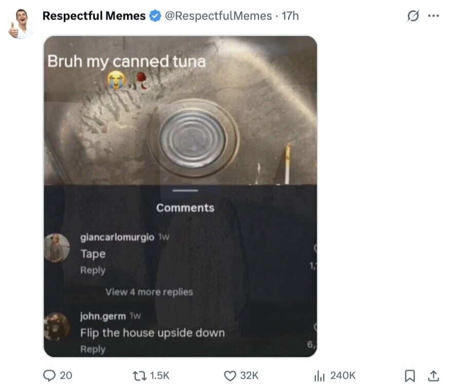 Respectful Memes @RespectfulMemes - 17h s ... Bruh my canned tuna Comments giancarlomurgio 1w Tape 1, Reply View 4 more replies john.germ 1w Flip the house upside down 6, Reply 20 1.5K 32K del 240K 