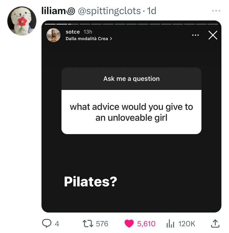 liliamo @spittingclots.1d sotce 13h ... X Dalla modalità Crea > Ask me a question what advice would you give to an unloveable girl Pilates? 4 576 5,610 120K