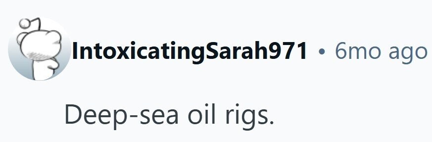 IntoxicatingSarah971 - 6mo ago Deep-sea oil rigs.