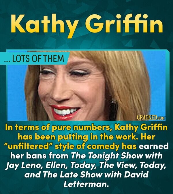 Kathy Griffin ... LOTS OF THEM CRACKEDCO In terms of pure numbers, Kathy Griffin has been putting in the work. Her unfiltered style of comedy has ea