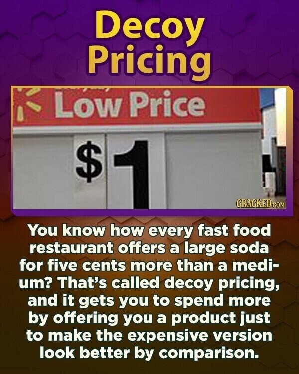 Decoy Pricing Low Price $ 1 CRACKED.COM You know how every fast food restaurant offers a large soda for five cents more than a medi- um? That's called decoy pricing, and it gets you to spend more by offering you a product just to make the expensive version look better by comparison.