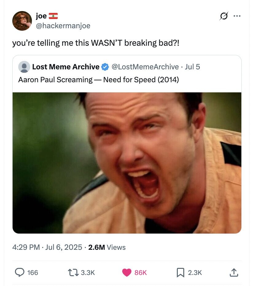 S joe ... @hackermanjoe you're telling me this WASN'T breaking bad?! Lost Meme Archive @LostMemeArchive Jul 5 Aaron Paul Screaming-Need for Speed (2014) 4:29 PM Jul 6, 2025 . 2.6M Views 166 3.3K 86K 2.3K