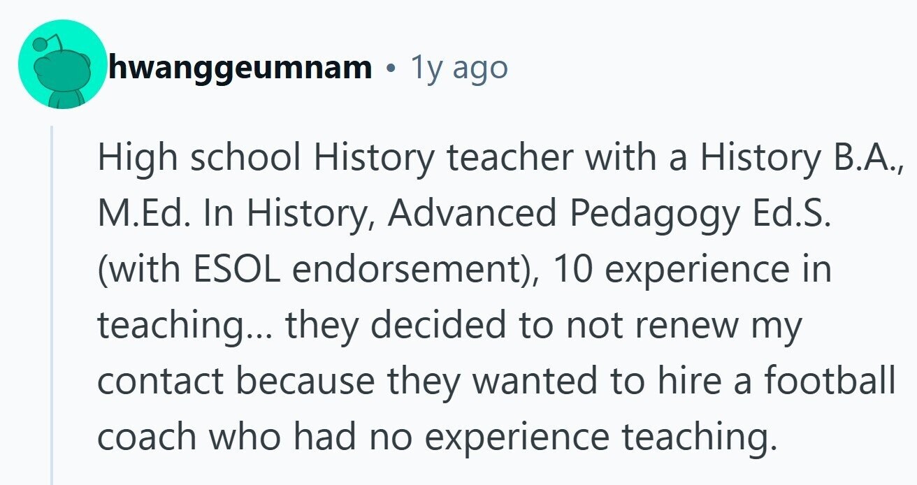 hwanggeumnam . 1y ago High school History teacher with a History В.А., M.Ed. In History, Advanced Pedagogy Ed.S. (with ESOL endorsement), 10 experience in teaching... they decided to not renew my contact because they wanted to hire a football coach who had no experience teaching.