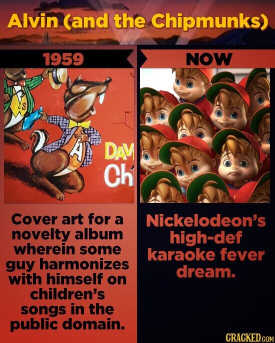 Alvin (and the Chipmunks) 1959 NOW S A DAV Ch Cover art for a Nickelodeon's novelty album high-def wherein some karaoke fever guy harmonizes dream. with himself on children's songs in the public domain. CRACKED.COM