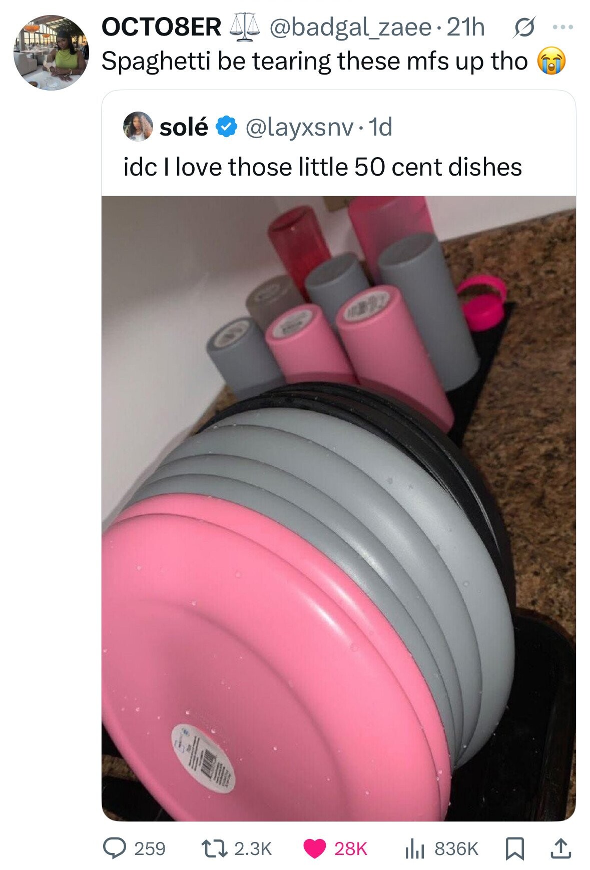 OCTO8ER @badgal_zaee.2 21h s ... Spaghetti be tearing these mfs up tho solé @layxsnv.1d idc I love those little 50 cent dishes 259 2.3K 28K 836K 