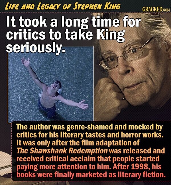 LIFE AND LEGACY OF STEPHEN KING CRACKED.COM It took a long time for critics to take King seriously. The author was nre-shamed and mocked by critics for his literary tastes and horror works. It was only after the film adaptation of The Shawshank Redemption was released and received critical acclaim that people started paying more attention to him. After 1998, his books were finally marketed as literary fiction. 