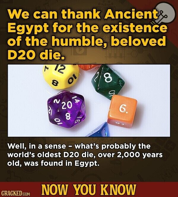 We can thank Ancient Egypt for the existence of the humble, beloved D20 die. 2 12 2 8 8 01 9 14 ~ 20 4 6. 21 OI 8 h S Well, in a sense - what's probably the world's oldest D20 die, over 2,000 years old, was found in Egypt. NOW YOU KNOW CRACKED.COM