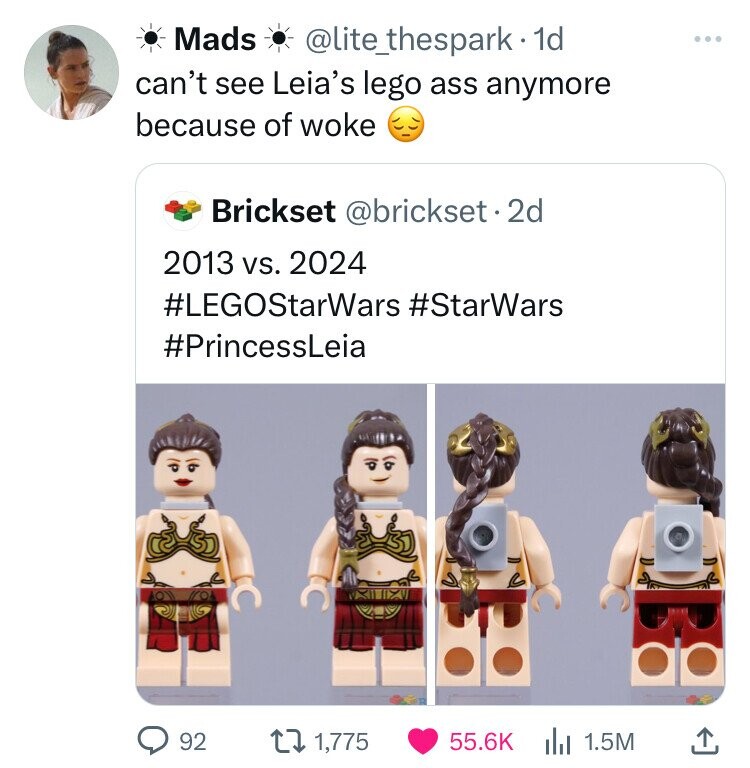 Mads @lite_thespark. 1d ... can't see Leia's lego ass anymore because of woke Brickset @brickset.2d 2013 vs. 2024 #LEGOStarWars #StarWars #PrincessLeia 92 1,775 55.6K 1.5M