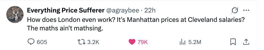 Everything Price Sufferer @agraybee 22h ... How does London even work? It's Manhattan prices at Cleveland salaries? The maths ain't mathsing. 605 3.2K 79K 5.2M