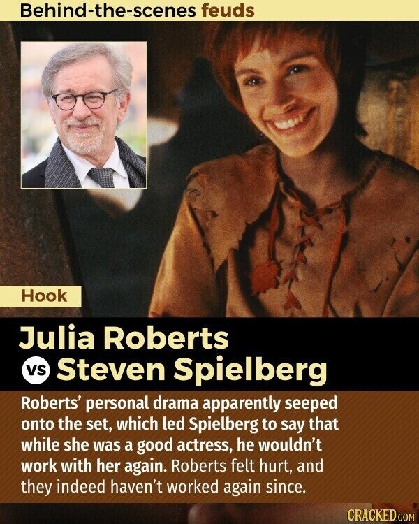 Behind-the-scenes feuds Hook Julia Roberts vs Steven Spielberg Roberts' personal drama apparently seeped onto the set, which led Spielberg to say that while she was a good actress, he wouldn't work with her again. Roberts felt hurt, and they indeed haven't worked again since. CRACKED.COM