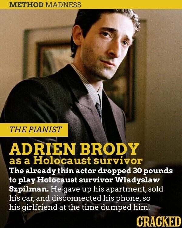 METHOD MADNESS THE PIANIST ADRIEN BRODY as a Holocaust survivor The already thin actor dropped 30 pounds to play Holocaust survivor Wladyslaw Szpilman. Не gave up his apartment, sold his car, and disconnected his phone, so his girlfriend at the time dumped him. CRACKED