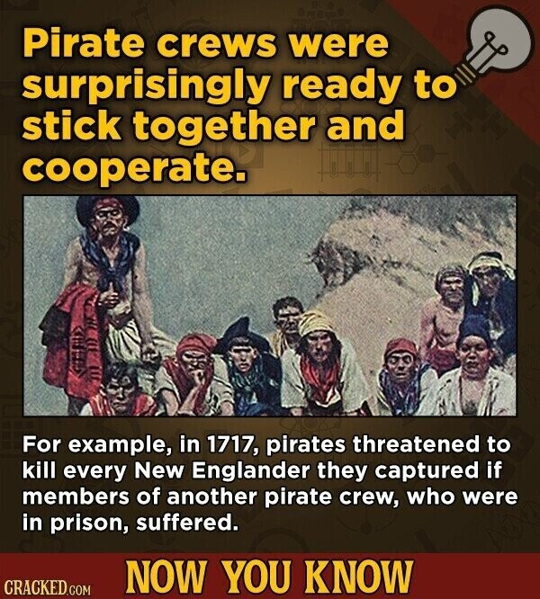 Pirate crews were surprisingly ready to stick together and cooperate. For example, in 1717, pirates threatened to kill every New Englander they captured if members of another pirate crew, who were in prison, suffered. NOW YOU KNOW CRACKED.COM