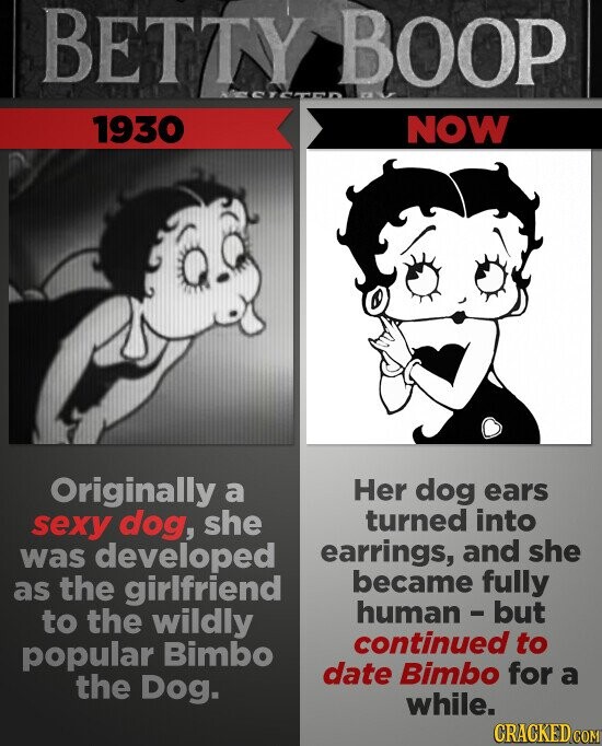 BETTY BOOP NSCTCTCD 1930 NOW Originally a Her dog ears turned into sexy dog, she earrings, and she was developed became fully as the girlfriend human - but to the wildly continued to popular Bimbo date Bimbo for a the Dog. while. CRACKED.COM