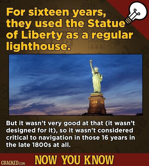 For sixteen years, they used the Statue of Liberty as a regular lighthouse. But it wasn't very good at that (it wasn't designed for it), so it wasn't considered critical to navigation in those 16 years in the late 1800s at all. NOW YOU KNOW CRACKED.COM
