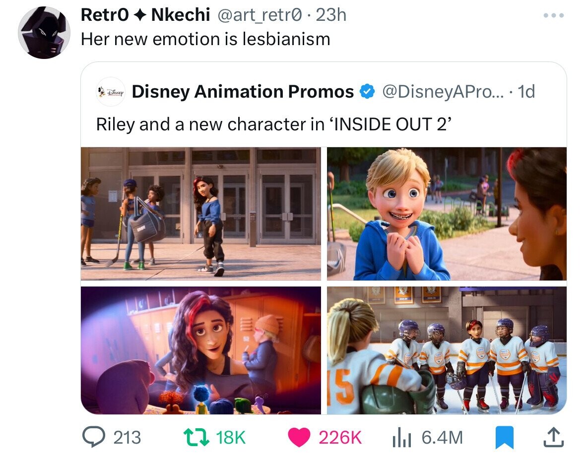 RetrO Nkechi @art_retr0 . 2 23h Her new emotion is lesbianism Disney Disney Animation Promos @DisneyAPro... . 1d Riley and a new character in 'INSIDE OUT 2' DIVID 15 213 18K 226K 6.4M