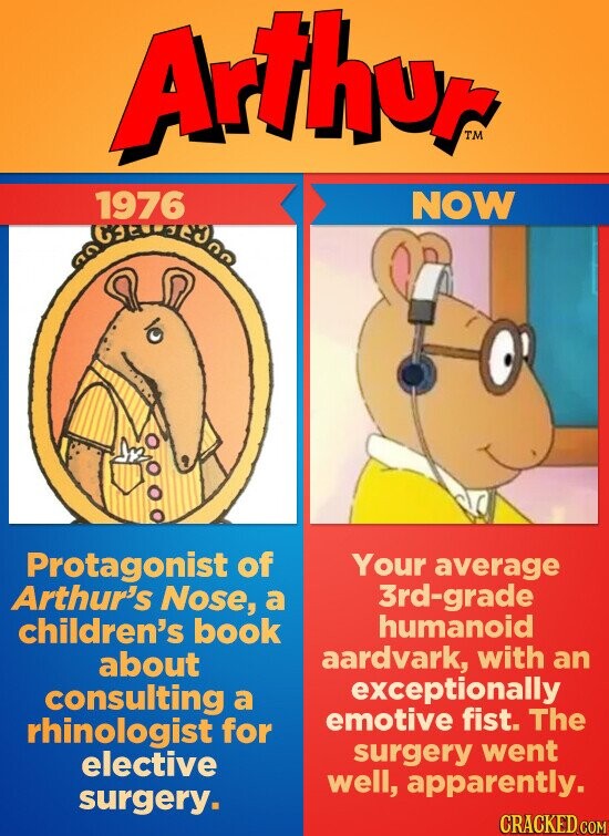 Arthur TM 1976 NOW Protagonist of Your average Arthur's Nose, a 3rd-grade humanoid children's book aardvark, with an about exceptionally consulting a emotive fist. The rhinologist for surgery went elective well, apparently. surgery. CRACKED.COM