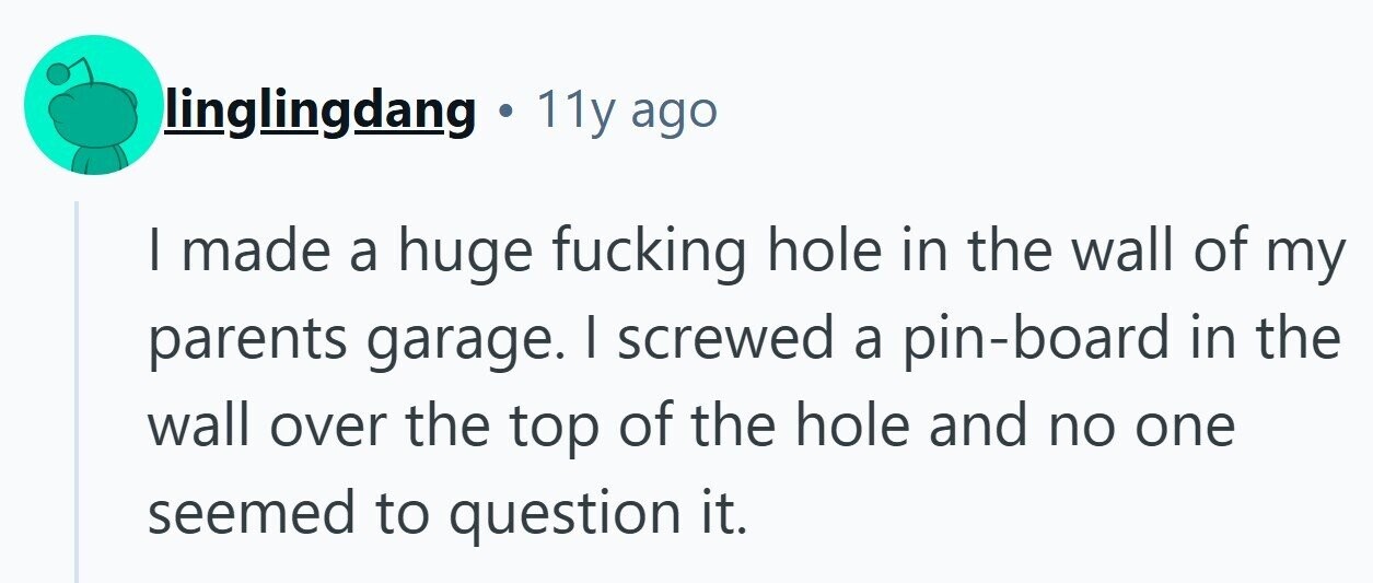 linglingdang . 11y ago | made a huge fucking hole in the wall of my parents garage. I screwed a pin-board in the wall over the top of the hole and no one seemed to question it. 