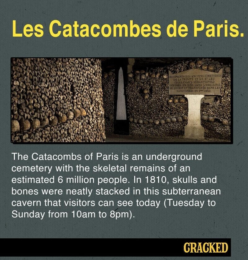 Les Catacombes de Paris. OSSEMENTS DES ANCIENS CIMETIÈRES DE LA TRINITE ET DE ST. LES (BOULEVARD SÉBASTOPOL) DEPOSES EN 1850 DANS 1. OSSUAIRE DE LOUEST ET TRANSFERT ES DANS LES CATACOMBES EN 7th 1859 The Catacombs of Paris is an underground cemetery with the skeletal remains of an estimated 6 million people. In 1810, skulls and bones were neatly stacked in this subterranean cavern that visitors can see today (Tuesday to Sunday from 10am to 8pm). CRACKED