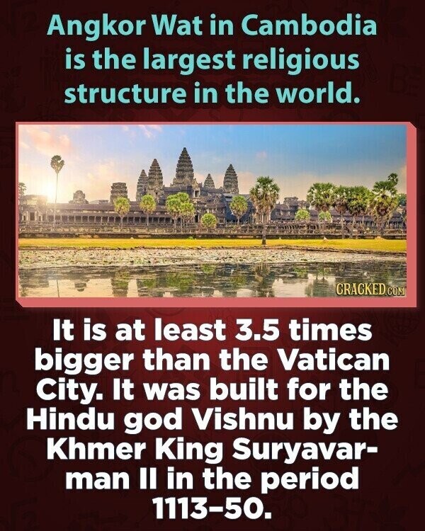 Angkor Wat in Cambodia is the largest religious structure in the world. CRACKED.COM It is at least 3.5 times bigger than the Vatican City. It was built for the Hindu god Vishnu by the Khmer King Suryavar- man II in the period 1113-50.