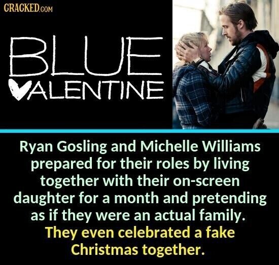 CRACKED.COM BLUE VALENTINE Ryan Gosling and Michelle Williams prepared for their roles by living together with their on-screen daughter for a month and pretending as if they were an actual family. They even celebrated a fake Christmas together.