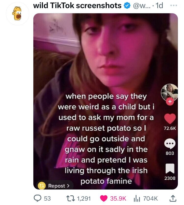 wild TikTok screenshots @w... . 1d ... when people say they + were weird as a child but i used to ask my mom for a raw russet potato so I 72.6K could go outside and ... gnaw on it sadly in the 803 rain and pretend I was living through the irish 2308 potato famine ti Repost > 53 1,291 35.9K 704K 