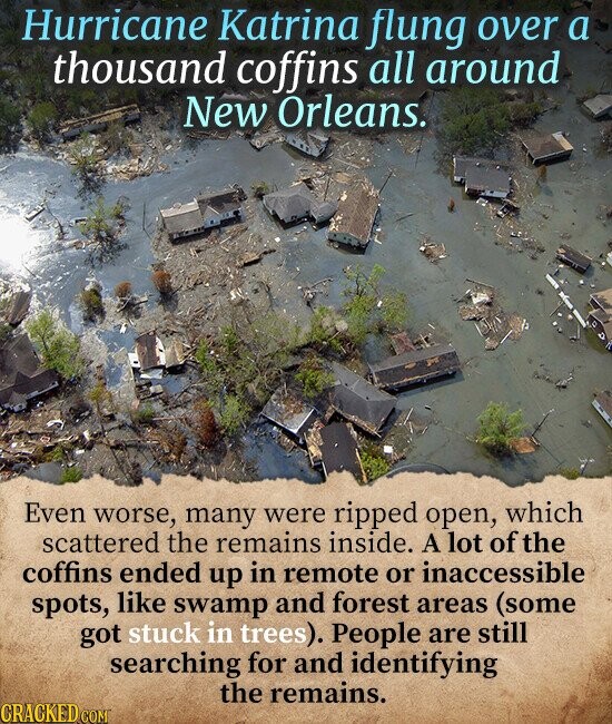 Hurricane Katrina flung over a thousand coffins all around New Orleans. Even worse, many were ripped open, which scattered the remains inside. A lot of the coffins ended up in remote or inaccessible spots, like swamp and forest areas (some got stuck in trees). People are still searching for and identifying the remains. CRACKED.COM