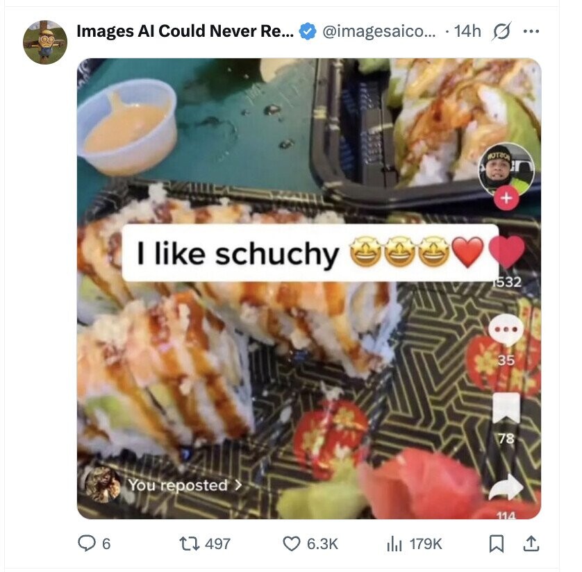 Images AI Could Never Re... @imagesaico... 14h s ... MOTBOB + I like schuchy 532 ... 35 78 You reposted > 114 6 497 6.3K del 179K